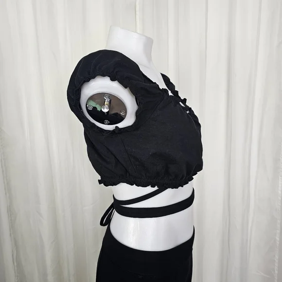 Garage Black Cotton Crop Wrap Top Tie Waist Baddie Vibes XL - Picture 6 of 9